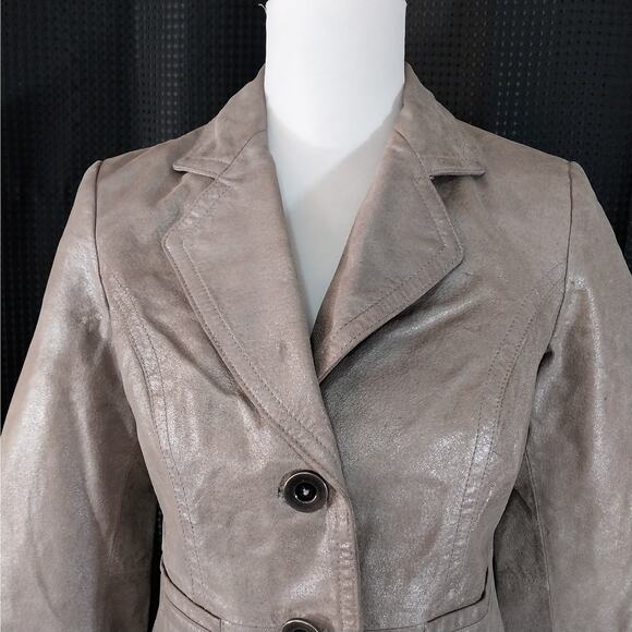 I.E.! GOLDEN TAN/BEIGE SHIMMER, FINE GENUINE LEATHER CROPPED JACKET, COAT! SZ S - Picture 4 of 12